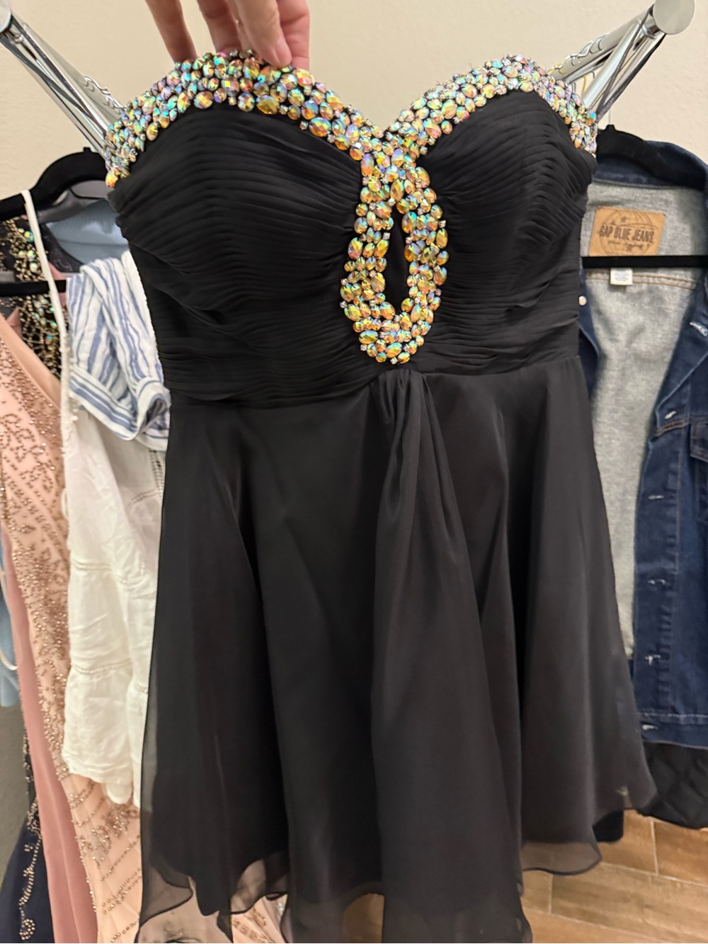 Sherri Hill Black Strapless Mini Dress with Iridescent Gem Trim
